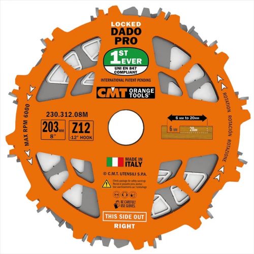 CMT DADO horonyvágó körfűrésztárcsa, D203x6,2-20 d30 Z12 HW